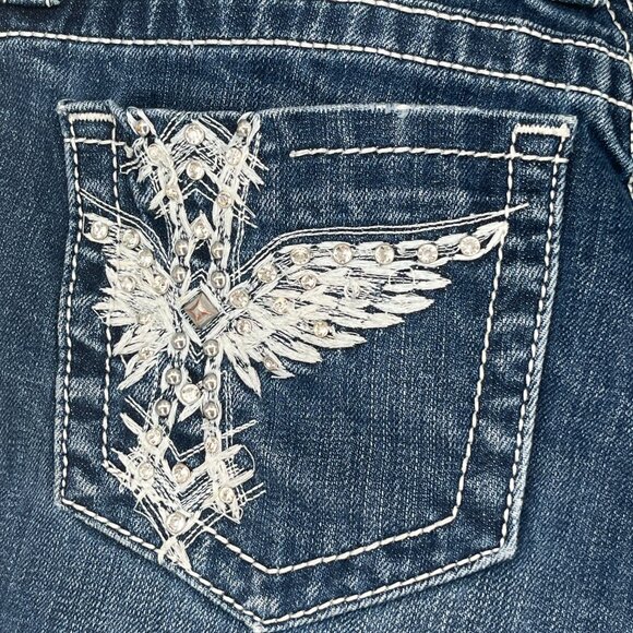 Miss Me Angel Wing Jean Shorts Low Rise Rhinestone Pocket Y2K Western Glam - Picture 6 of 10